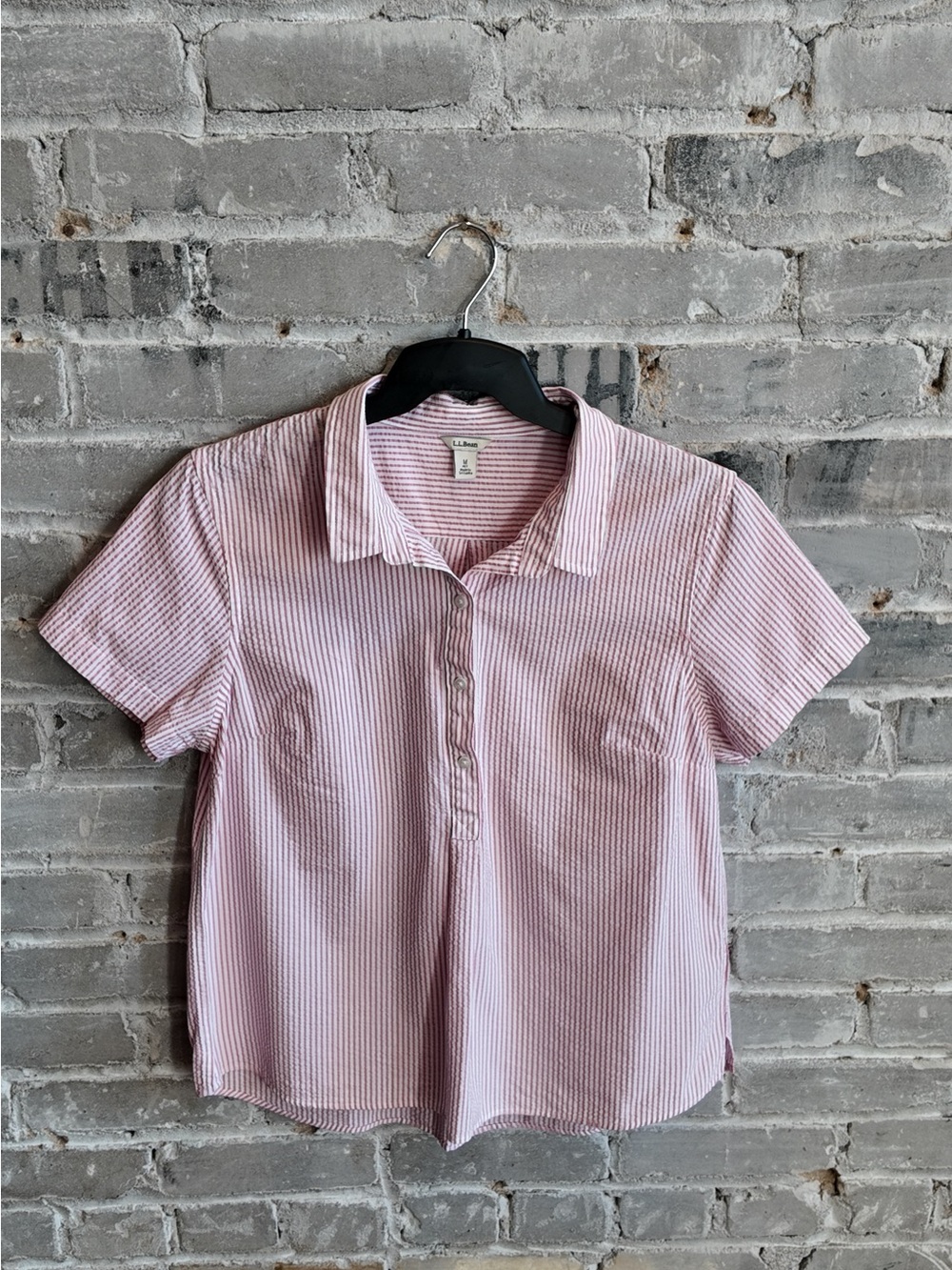 L.L Bean Pink & White Striped Seersucker Short Sleeve Popover Shirt